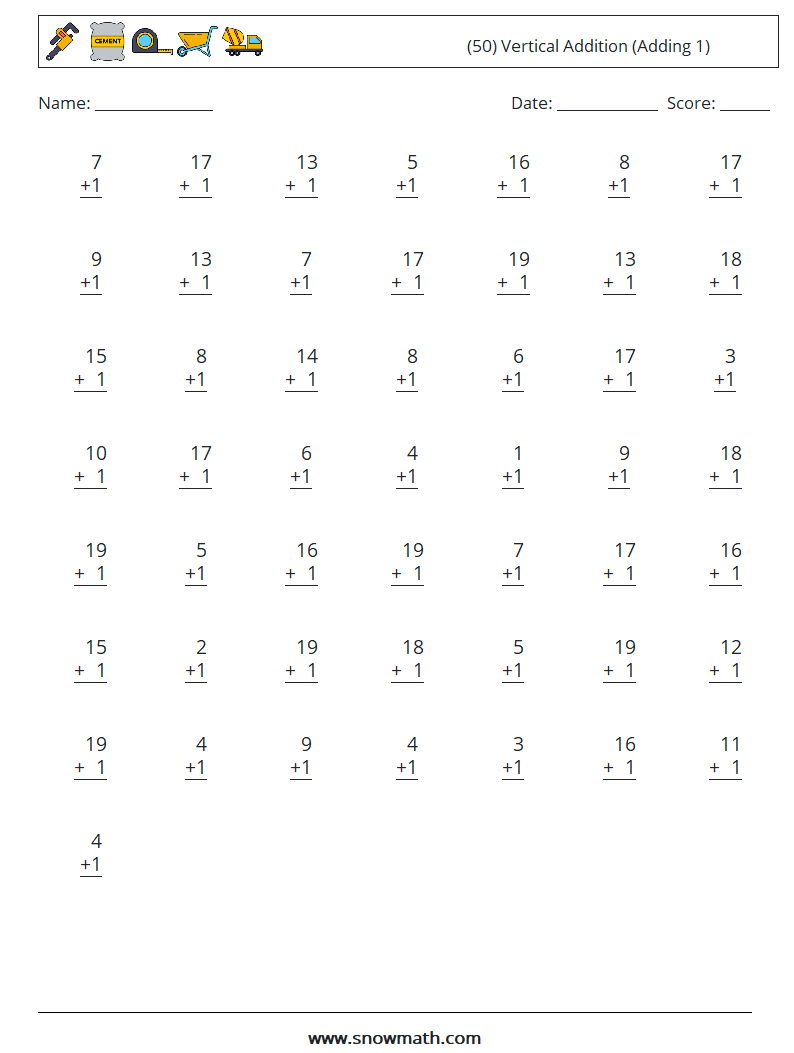 (50) Vertical  Addition (Adding 1) Math Worksheets 13