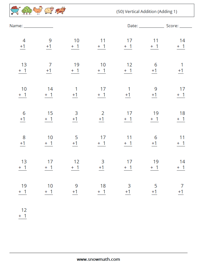 (50) Vertical  Addition (Adding 1) Math Worksheets 16