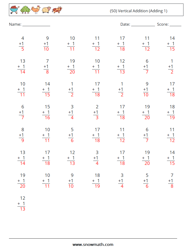 (50) Vertical  Addition (Adding 1) Math Worksheets 16 Question, Answer