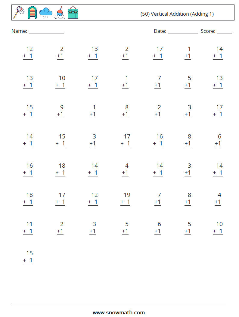 (50) Vertical  Addition (Adding 1) Math Worksheets 17
