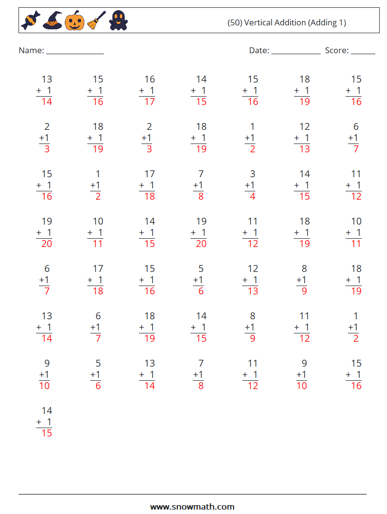 (50) Vertical  Addition (Adding 1) Math Worksheets 18 Question, Answer