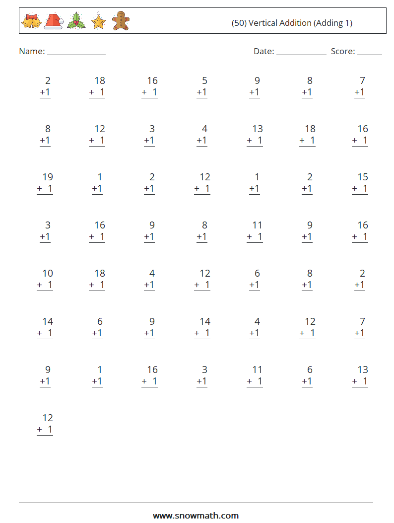 (50) Vertical  Addition (Adding 1) Math Worksheets 2