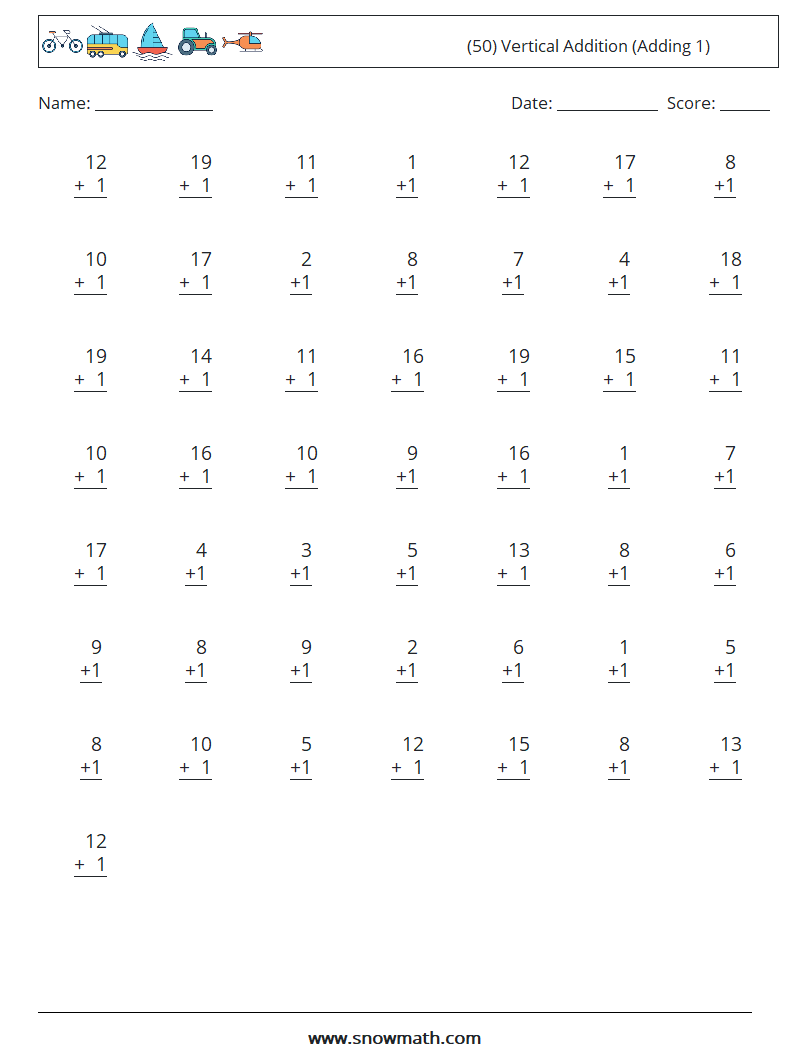 (50) Vertical  Addition (Adding 1) Math Worksheets 6