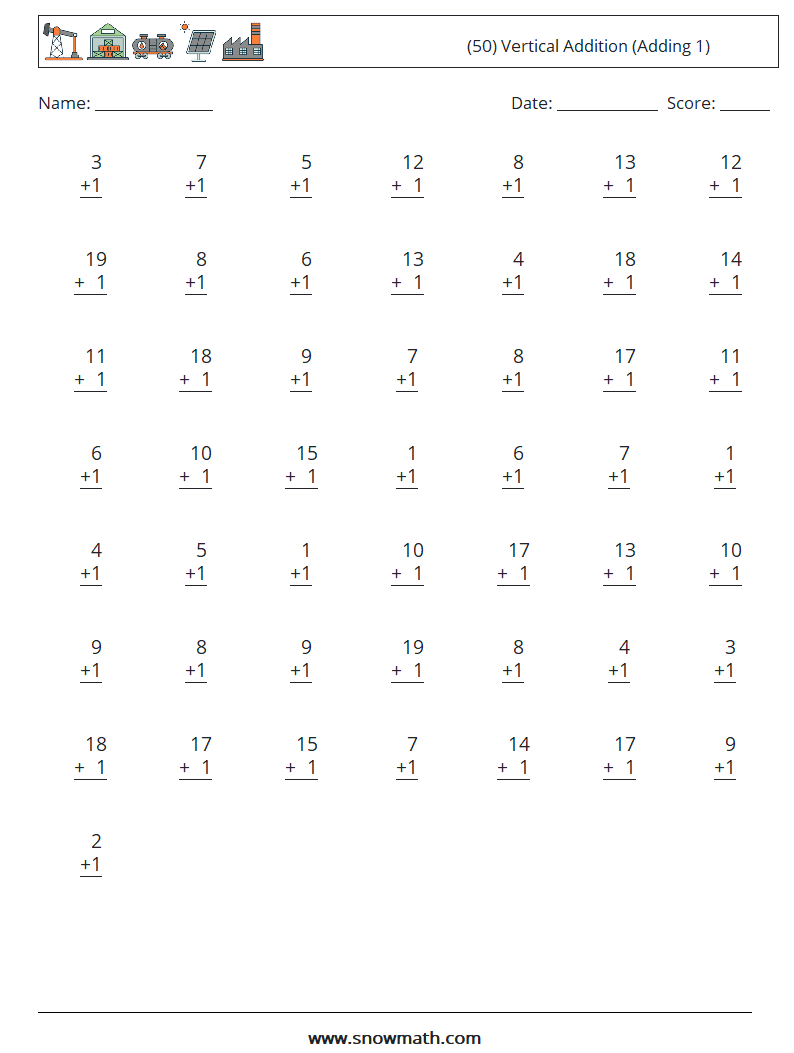 (50) Vertical  Addition (Adding 1) Maths Worksheets 8