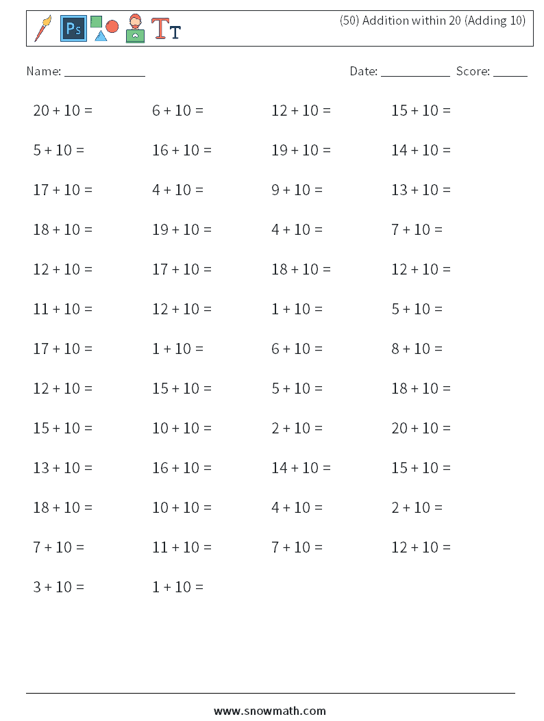 (50) Addition within 20 (Adding 10)