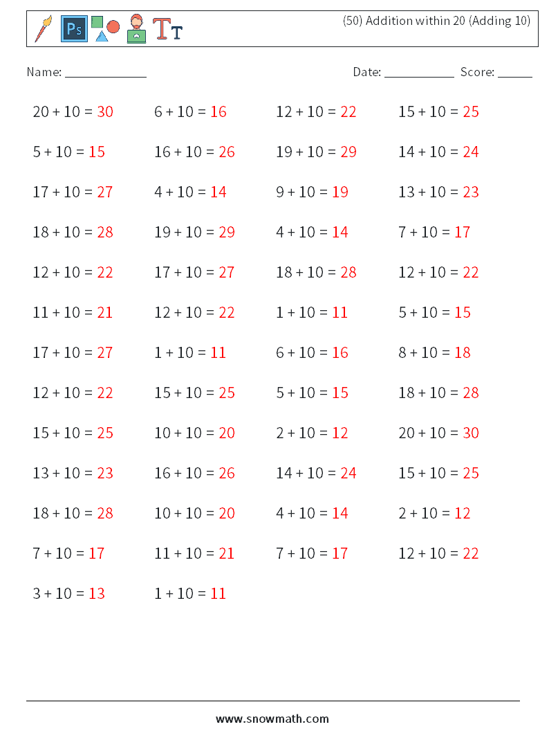 (50) Addition within 20 (Adding 10) Math Worksheets 1 Question, Answer