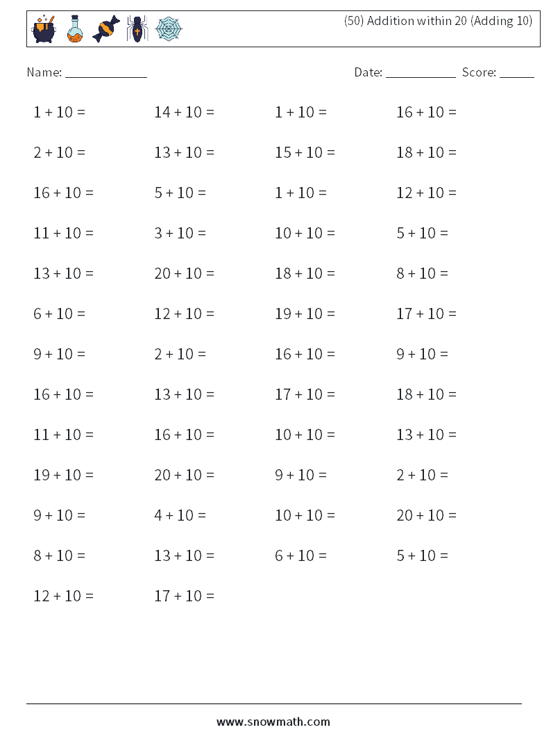 (50) Addition within 20 (Adding 10) Maths Worksheets 2