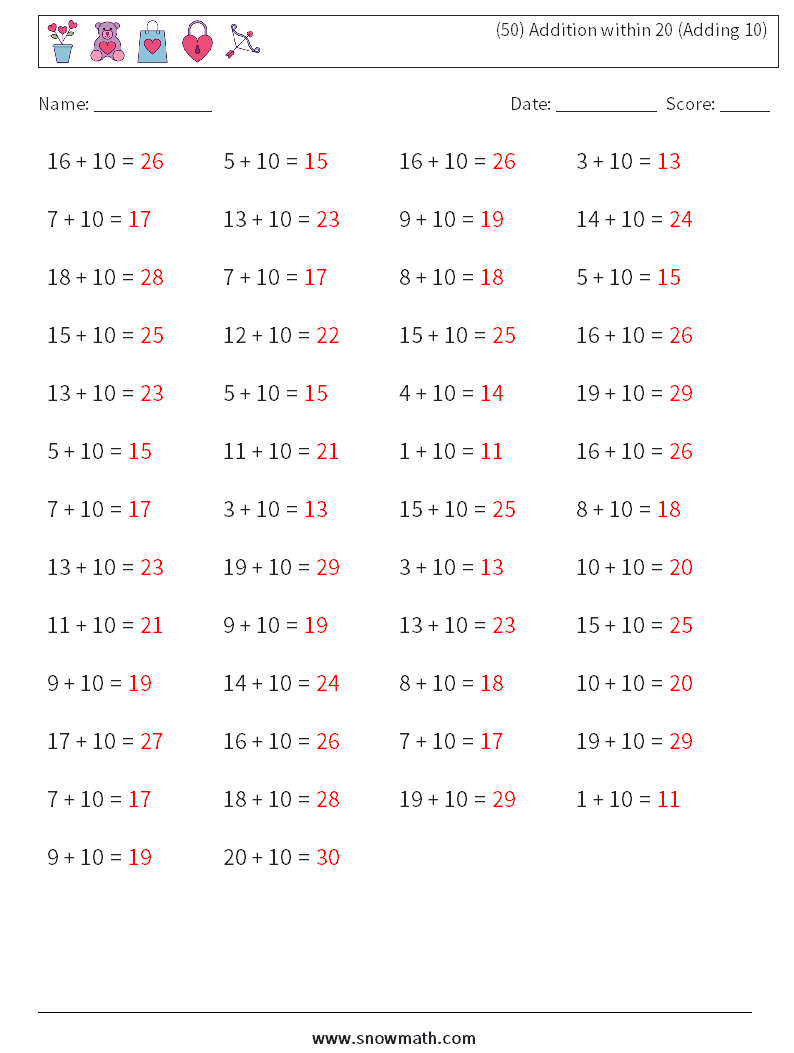 (50) Addition within 20 (Adding 10) Math Worksheets 3 Question, Answer