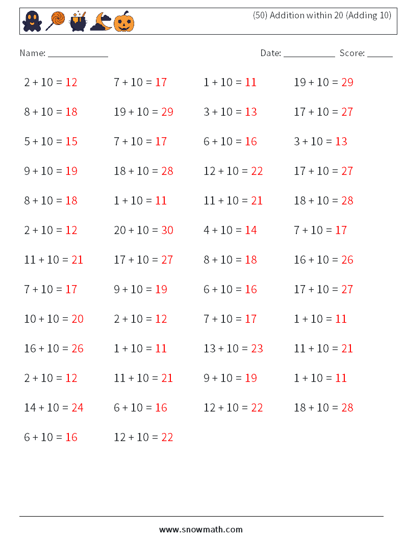(50) Addition within 20 (Adding 10) Math Worksheets 6 Question, Answer