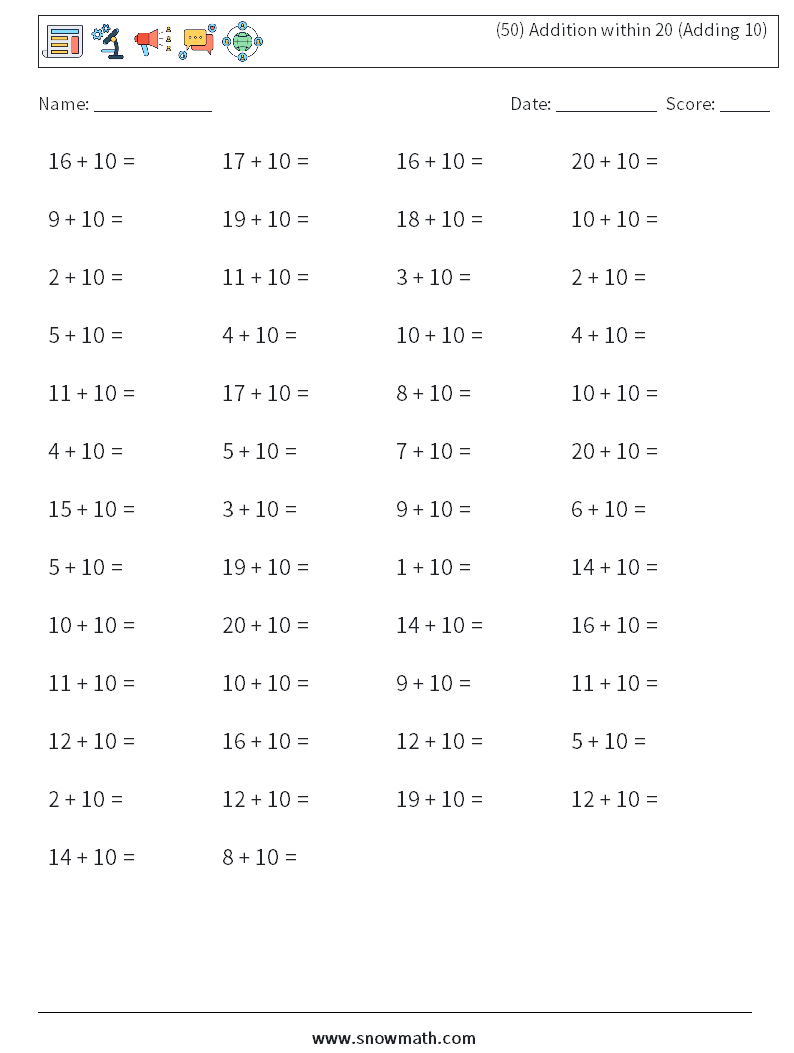 (50) Addition within 20 (Adding 10) Math Worksheets 7