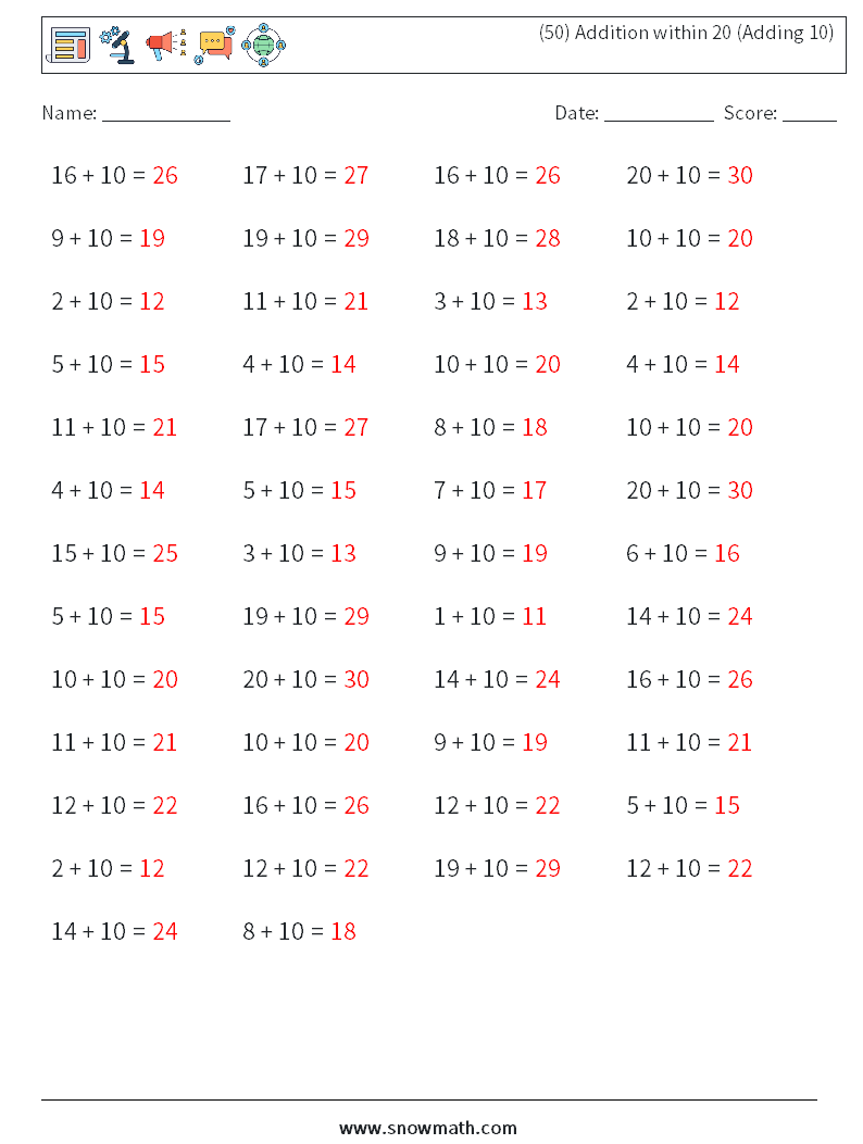 (50) Addition within 20 (Adding 10) Math Worksheets 7 Question, Answer