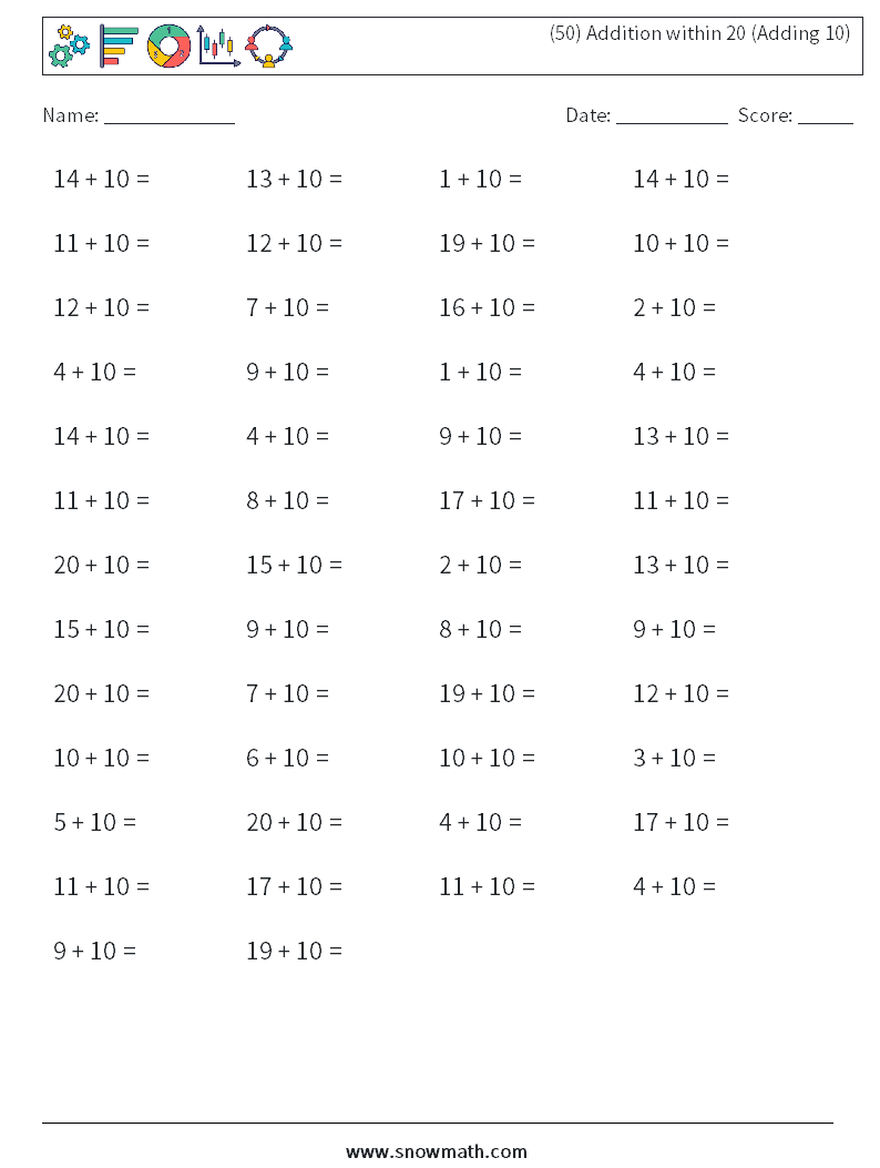 (50) Addition within 20 (Adding 10) Math Worksheets 8