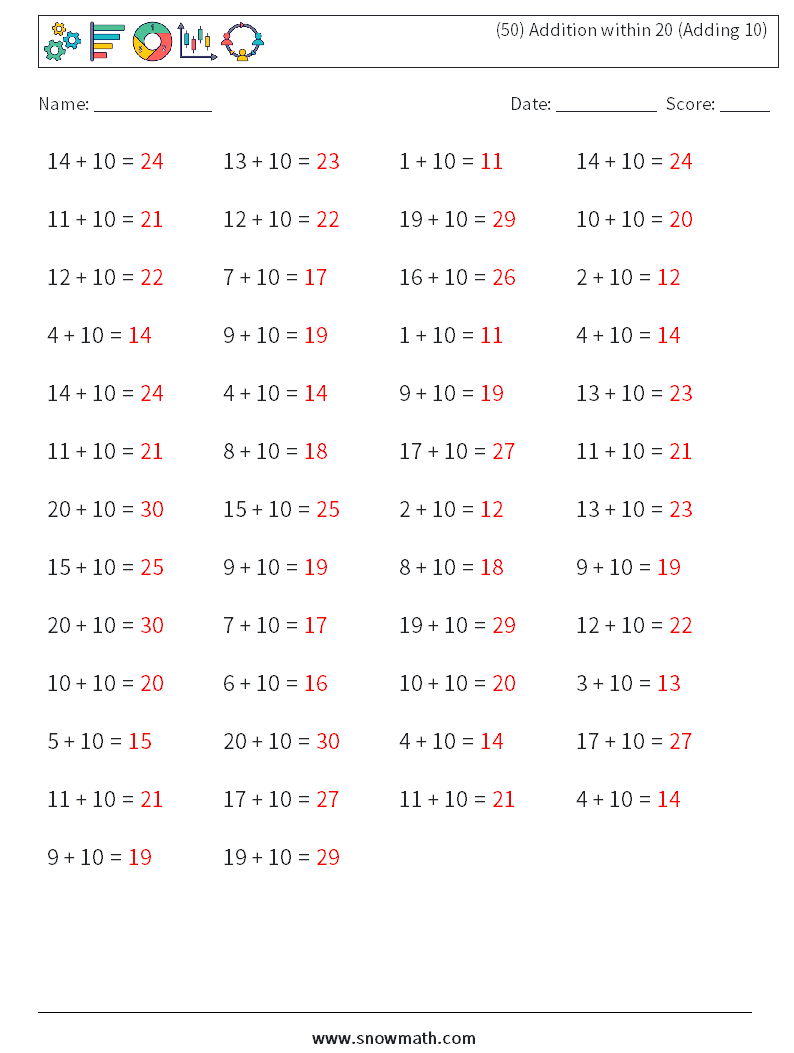 (50) Addition within 20 (Adding 10) Math Worksheets 8 Question, Answer