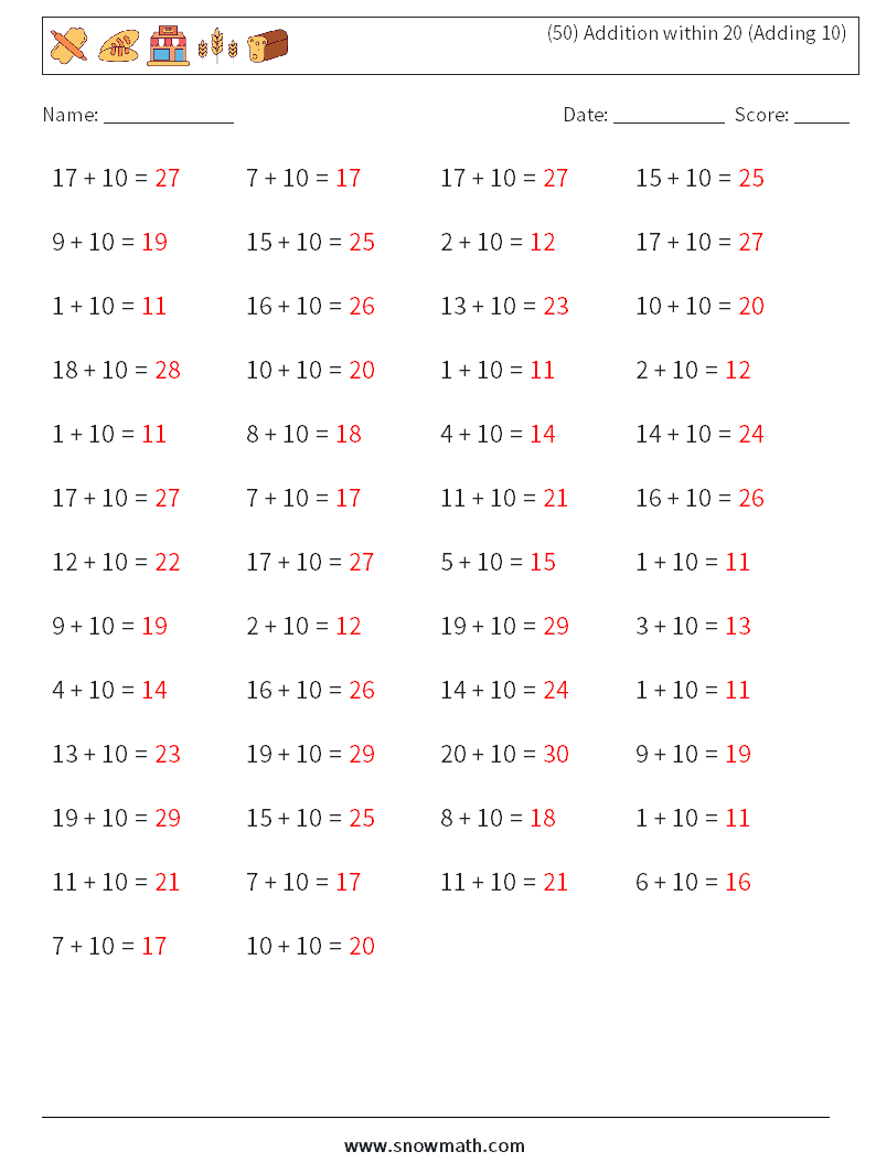 (50) Addition within 20 (Adding 10) Math Worksheets 9 Question, Answer