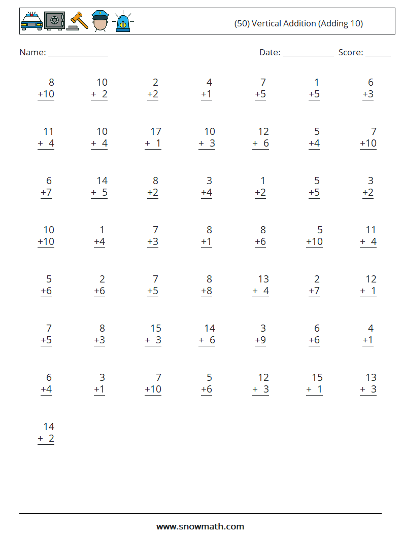 (50) Vertical  Addition (Adding 10)