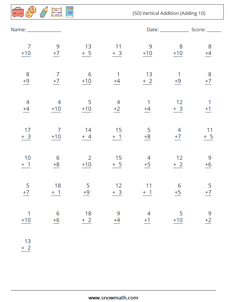 (50) Vertical  Addition (Adding 10) Math Worksheets 2