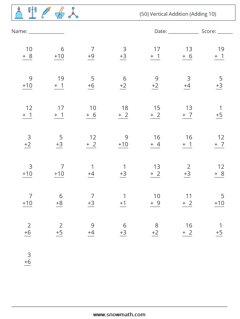 (50) Vertical  Addition (Adding 10) Math Worksheets 5