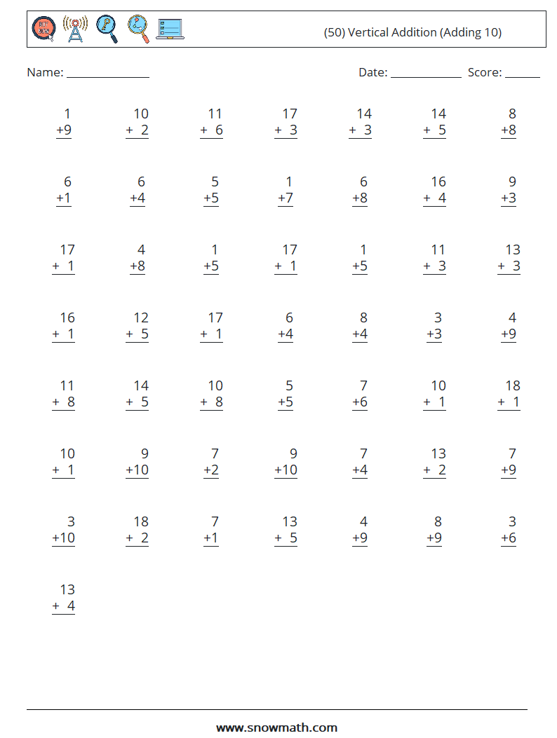 (50) Vertical  Addition (Adding 10) Math Worksheets 8
