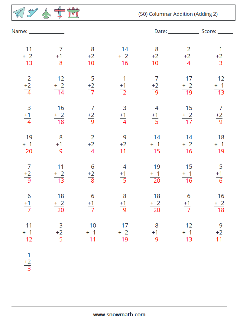 (50) Columnar Addition (Adding 2) Math Worksheets 10 Question, Answer