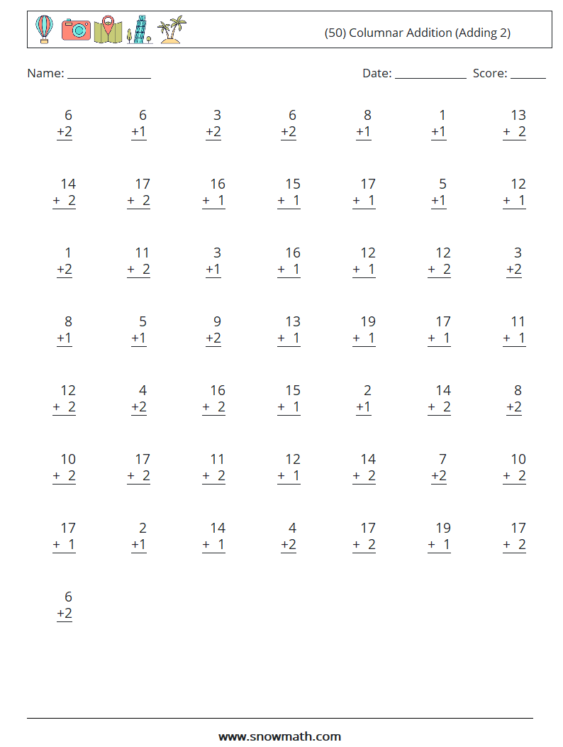 (50) Columnar Addition (Adding 2) Maths Worksheets 12
