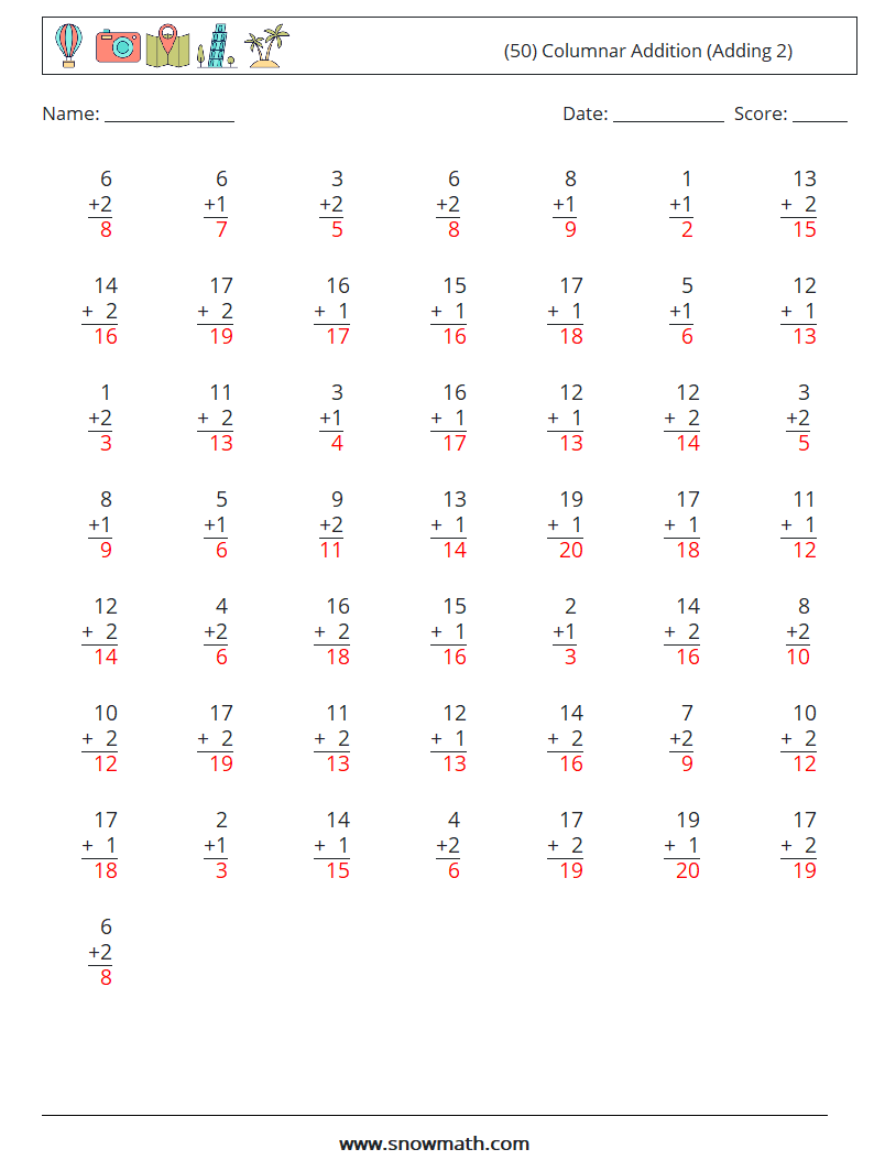 (50) Columnar Addition (Adding 2) Math Worksheets 12 Question, Answer