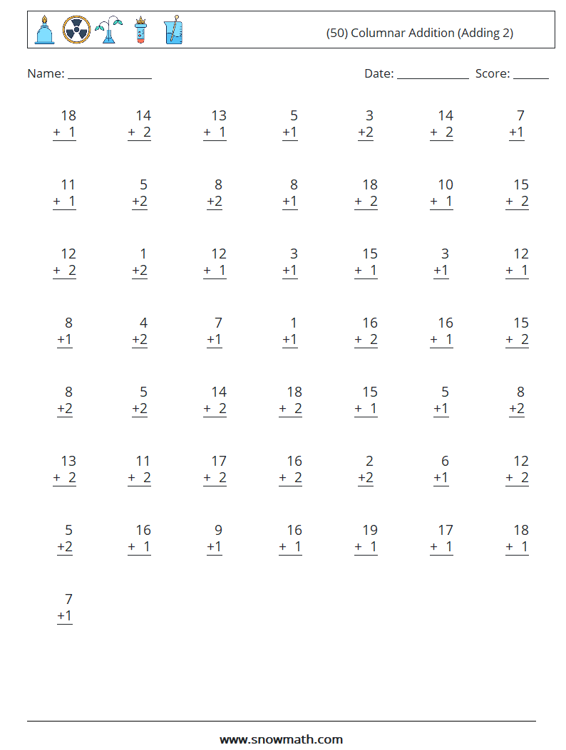(50) Columnar Addition (Adding 2) Math Worksheets 13