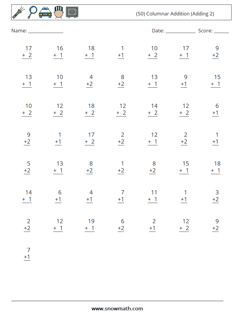 (50) Columnar Addition (Adding 2) Maths Worksheets 14