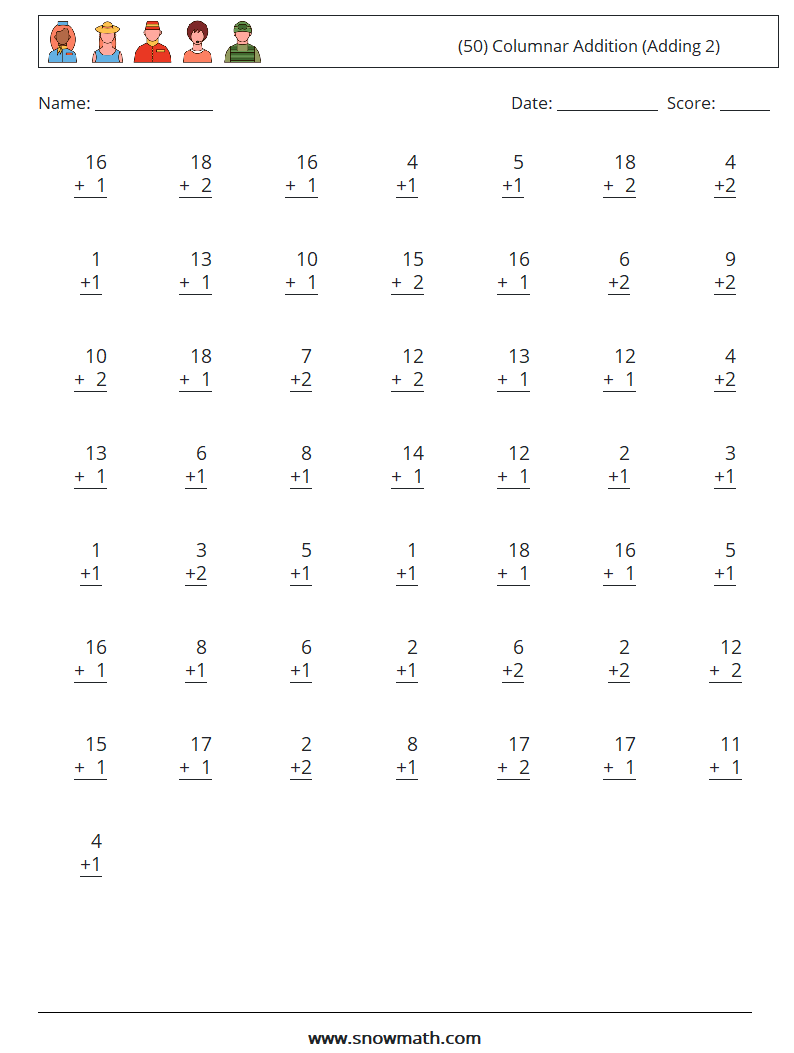 (50) Columnar Addition (Adding 2) Maths Worksheets 15