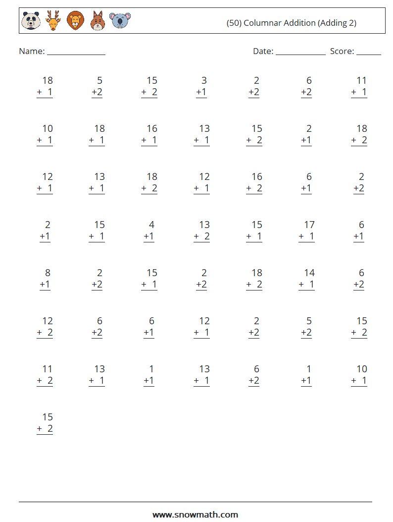 (50) Columnar Addition (Adding 2) Math Worksheets 16