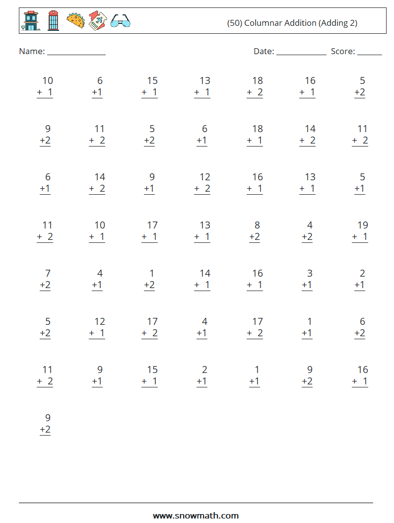 (50) Columnar Addition (Adding 2) Math Worksheets 17