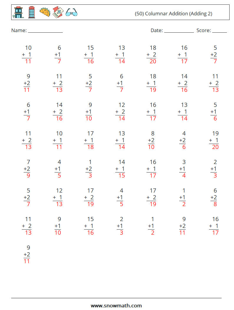 (50) Columnar Addition (Adding 2) Math Worksheets 17 Question, Answer