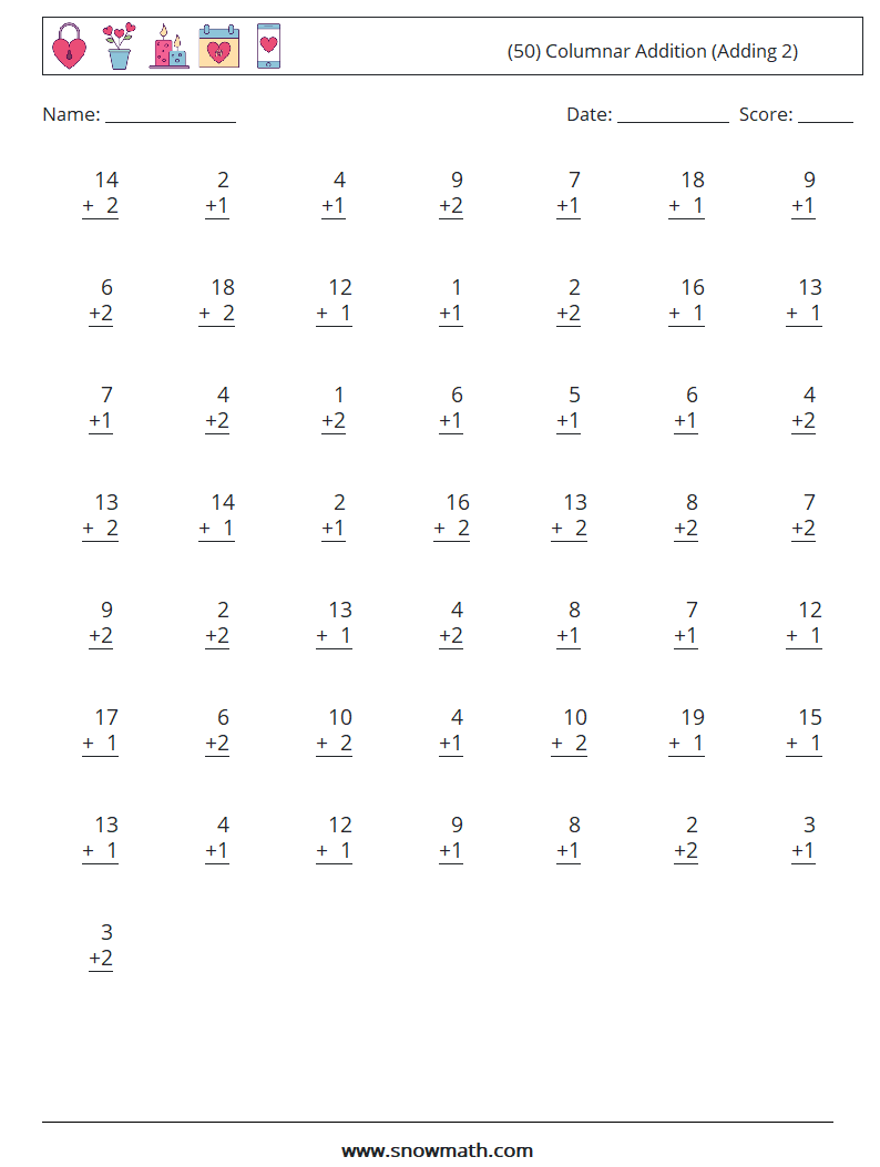 (50) Columnar Addition (Adding 2) Math Worksheets 5