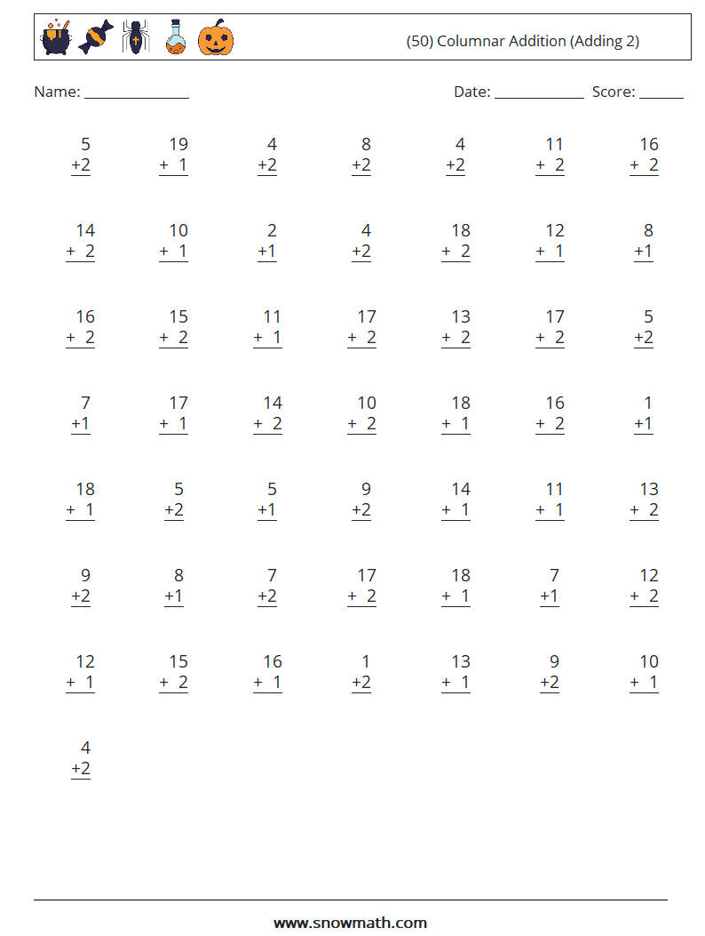 (50) Columnar Addition (Adding 2) Math Worksheets 6