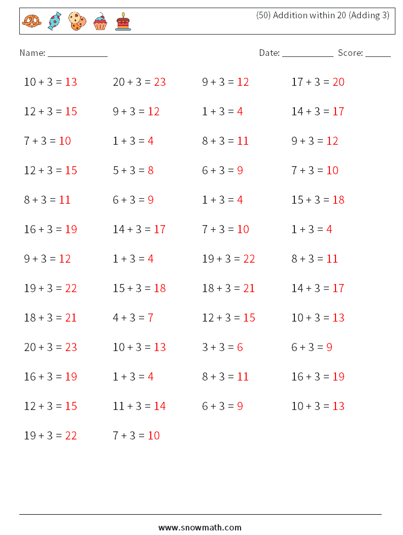 (50) Addition within 20 (Adding 3) Math Worksheets 1 Question, Answer