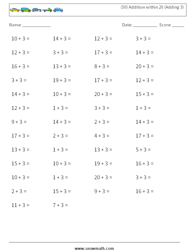 (50) Addition within 20 (Adding 3) Math Worksheets 2