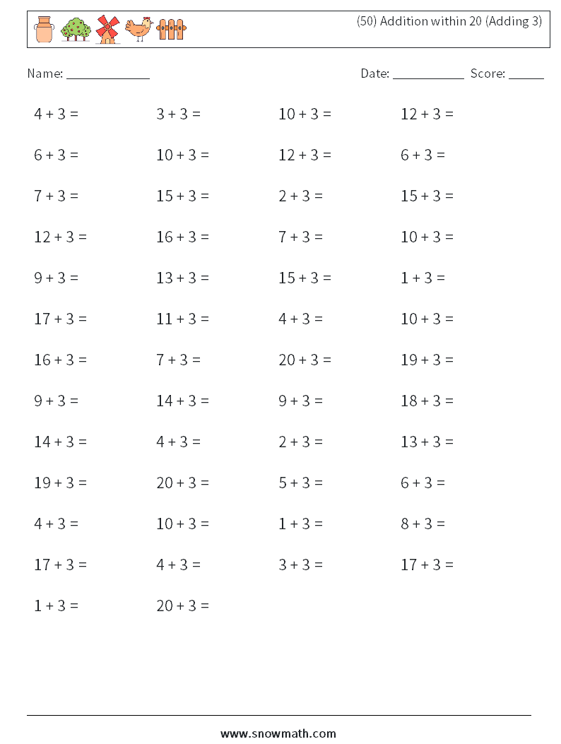(50) Addition within 20 (Adding 3) Math Worksheets 4