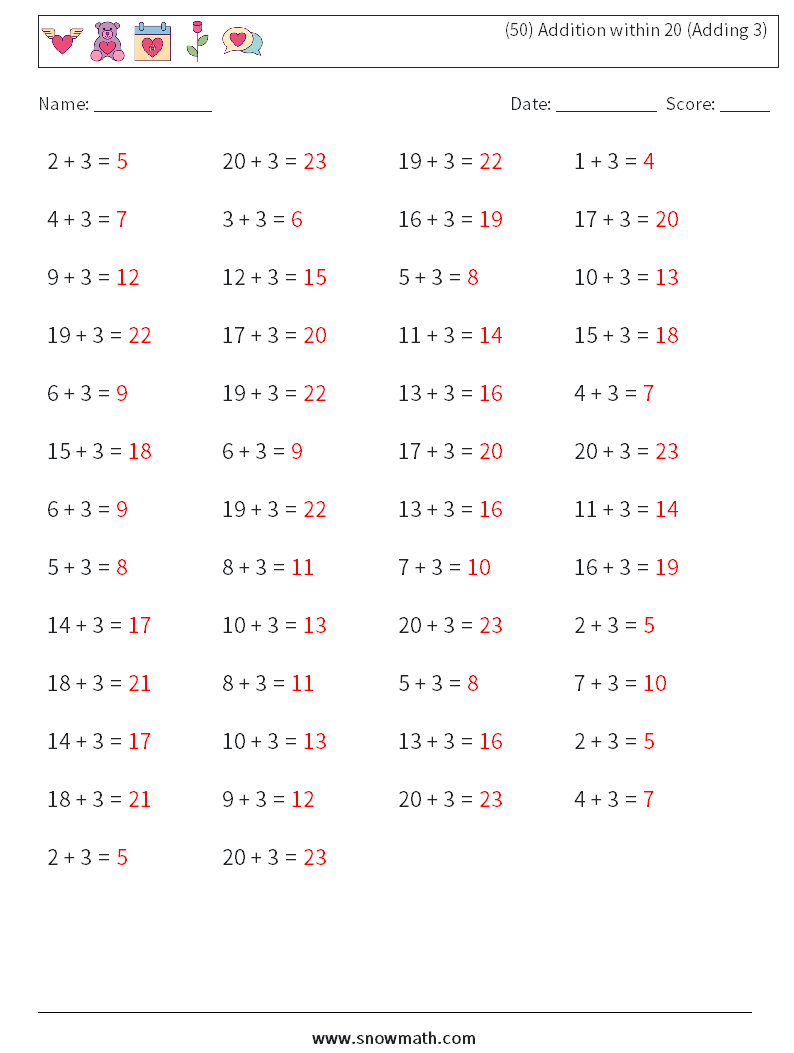 (50) Addition within 20 (Adding 3) Math Worksheets 7 Question, Answer