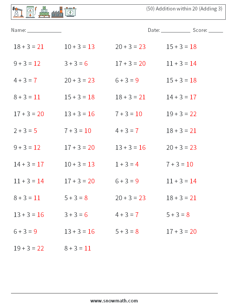 (50) Addition within 20 (Adding 3) Math Worksheets 8 Question, Answer