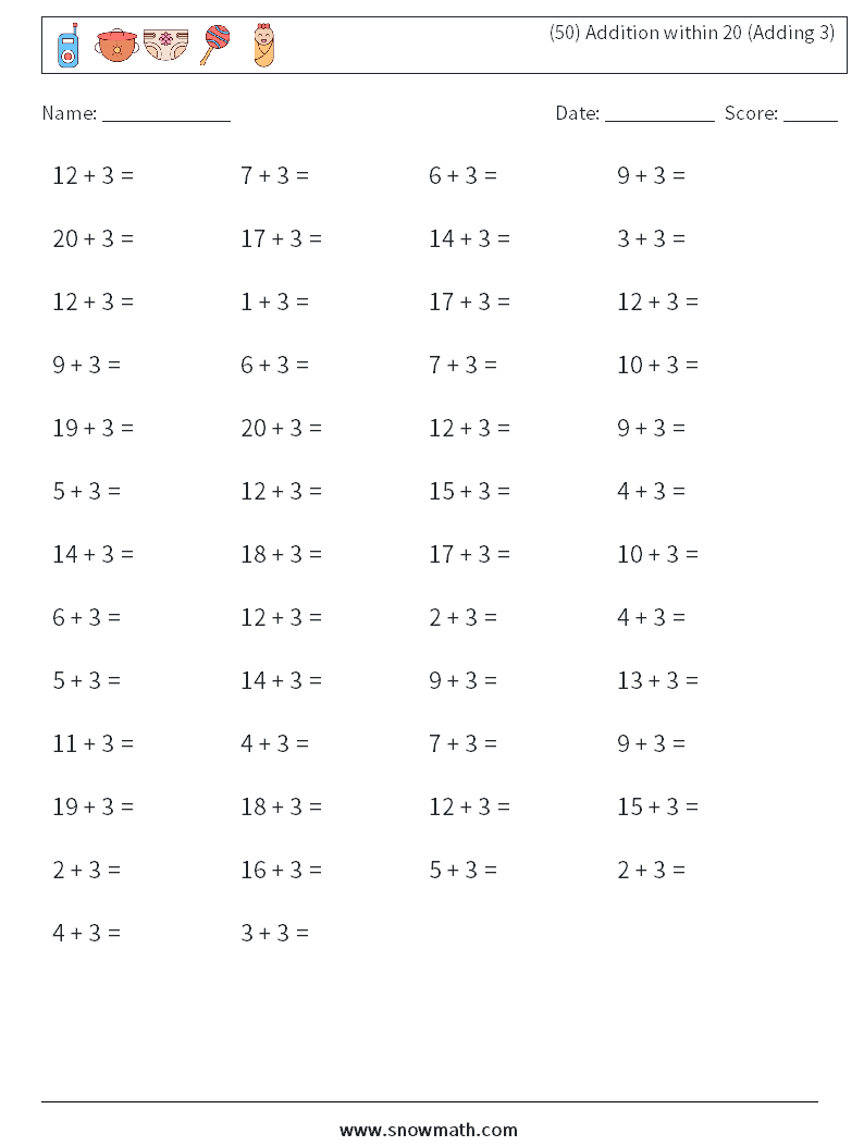(50) Addition within 20 (Adding 3) Math Worksheets 9