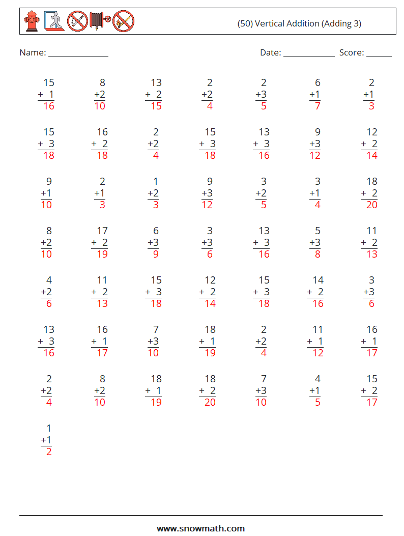 (50) Vertical  Addition (Adding 3) Math Worksheets 11 Question, Answer