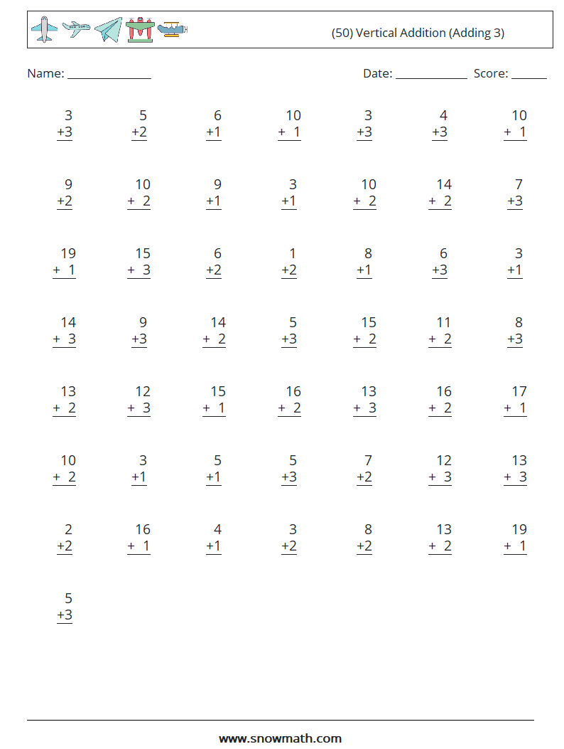 (50) Vertical  Addition (Adding 3) Math Worksheets 13
