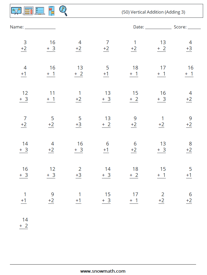 (50) Vertical  Addition (Adding 3) Maths Worksheets 15