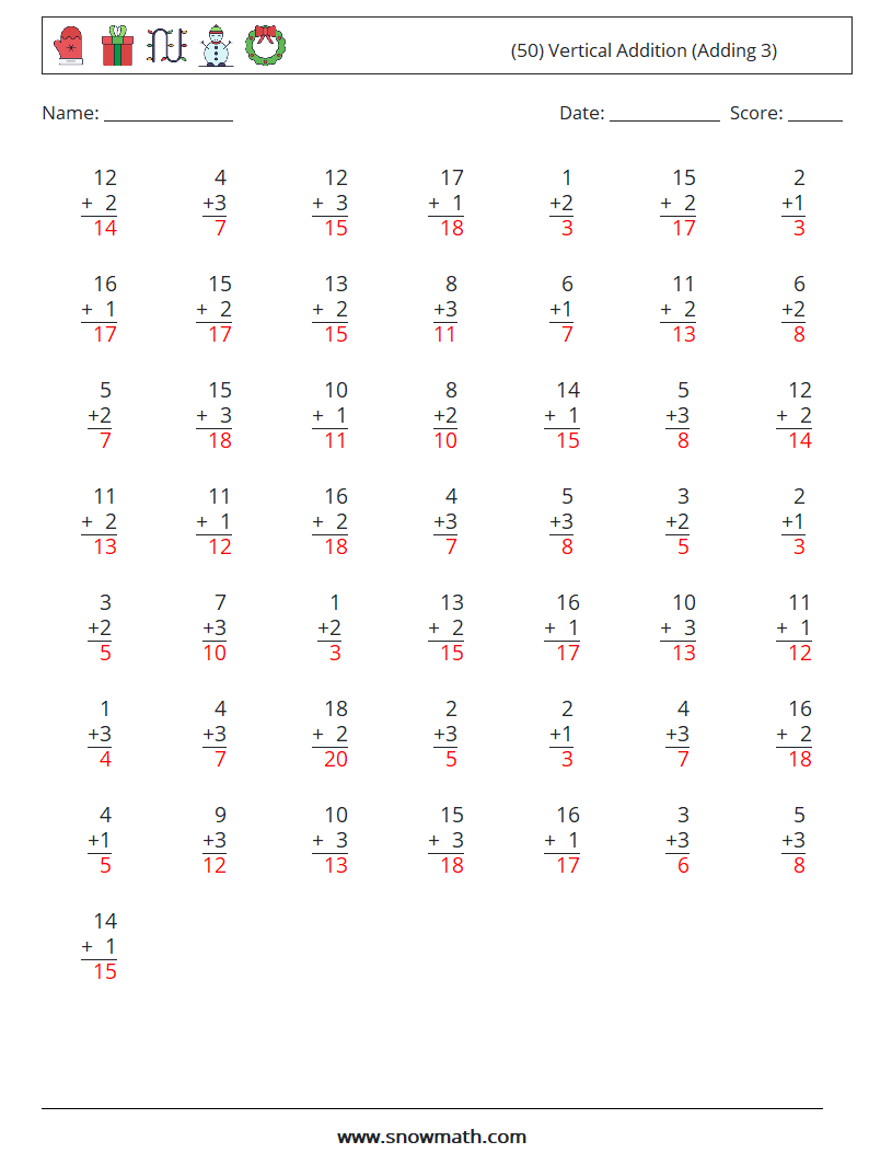 (50) Vertical  Addition (Adding 3) Math Worksheets 18 Question, Answer