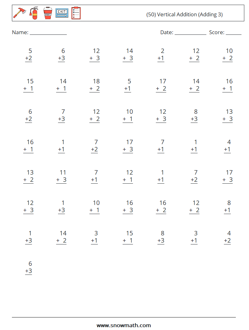 (50) Vertical  Addition (Adding 3) Maths Worksheets 2