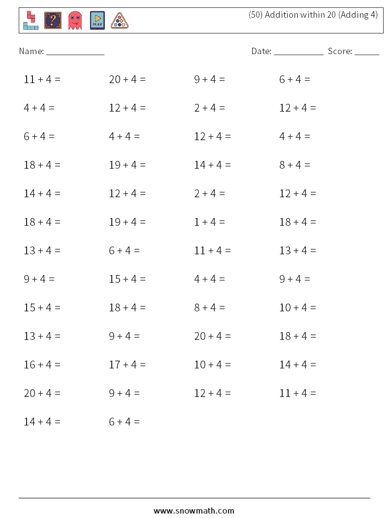 (50) Addition within 20 (Adding 4)