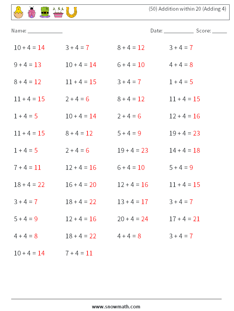 (50) Addition within 20 (Adding 4) Math Worksheets 9 Question, Answer