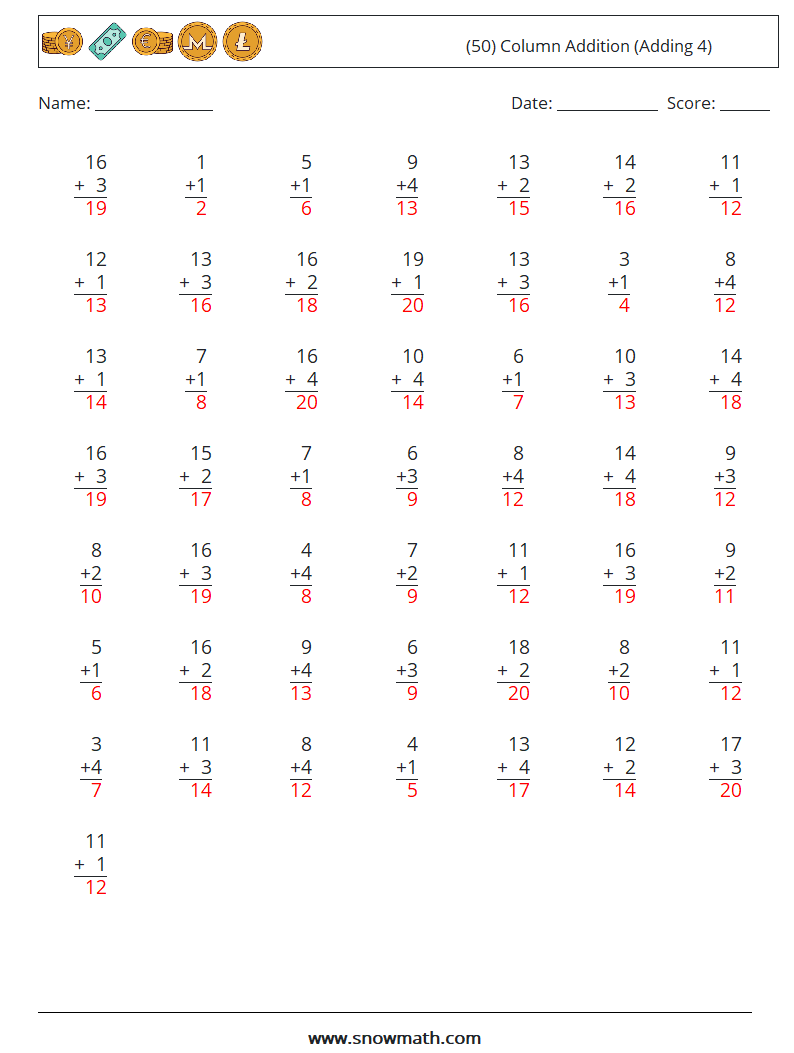 (50) Column Addition (Adding 4) Math Worksheets 10 Question, Answer