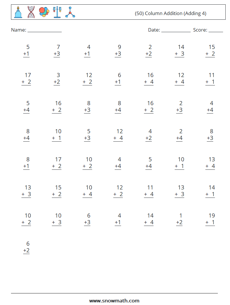 (50) Column Addition (Adding 4) Math Worksheets 11