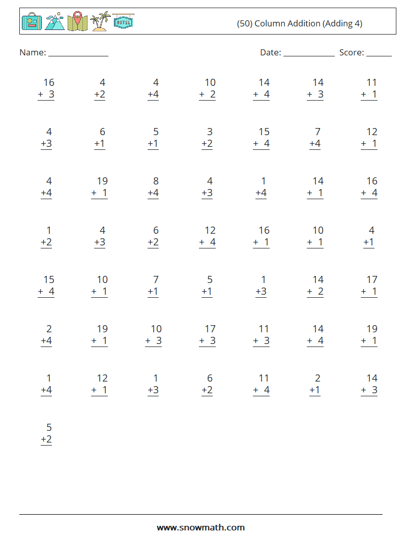 (50) Column Addition (Adding 4) Math Worksheets 13