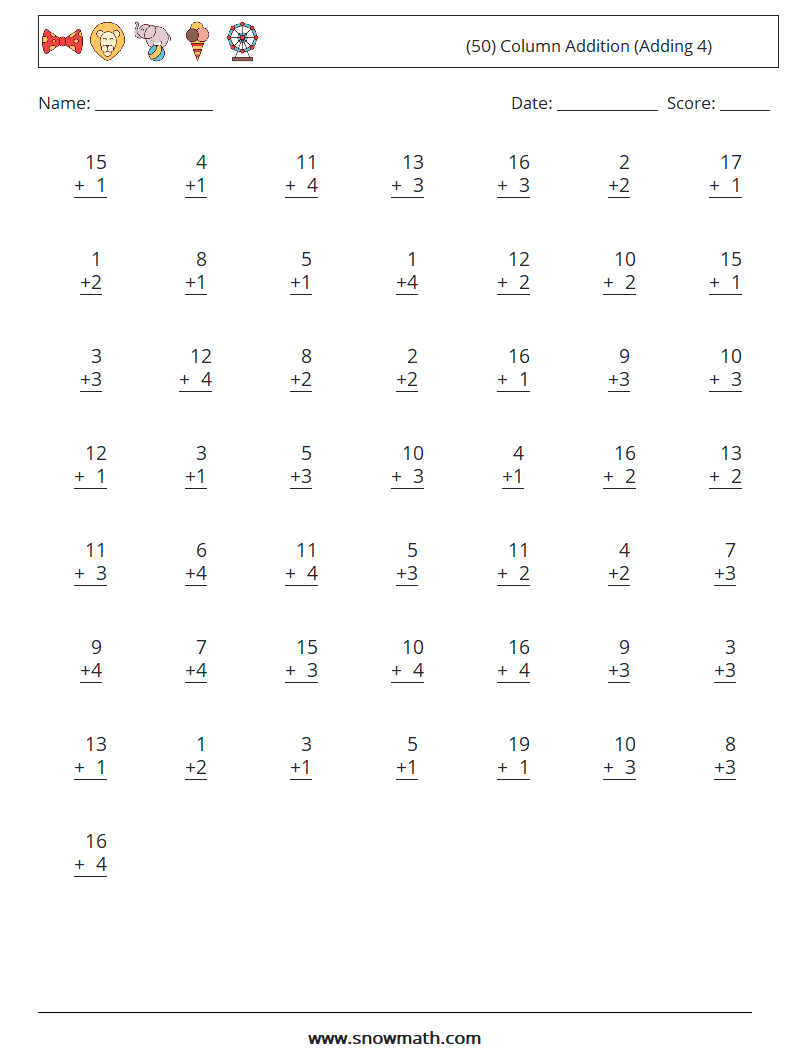 (50) Column Addition (Adding 4) Math Worksheets 14